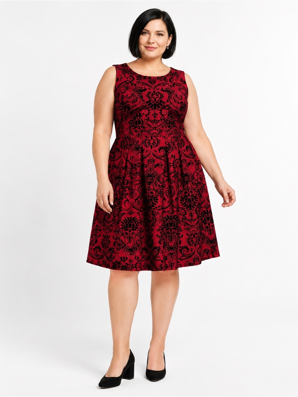 Gabby Skye Red & Black Flocked Velvet Baroque Fit & Flare Dress Size 16W